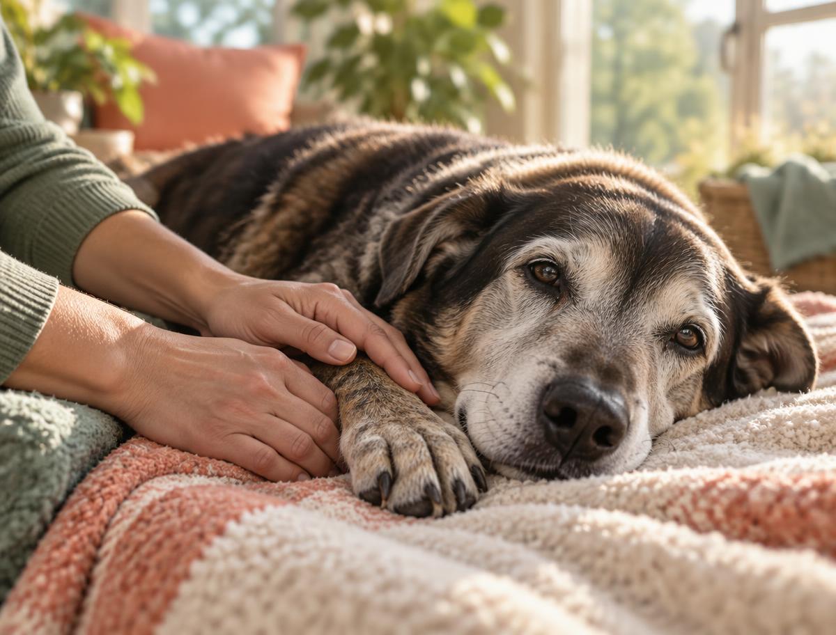 A caregiver comforting a senior dog at the sanctuary